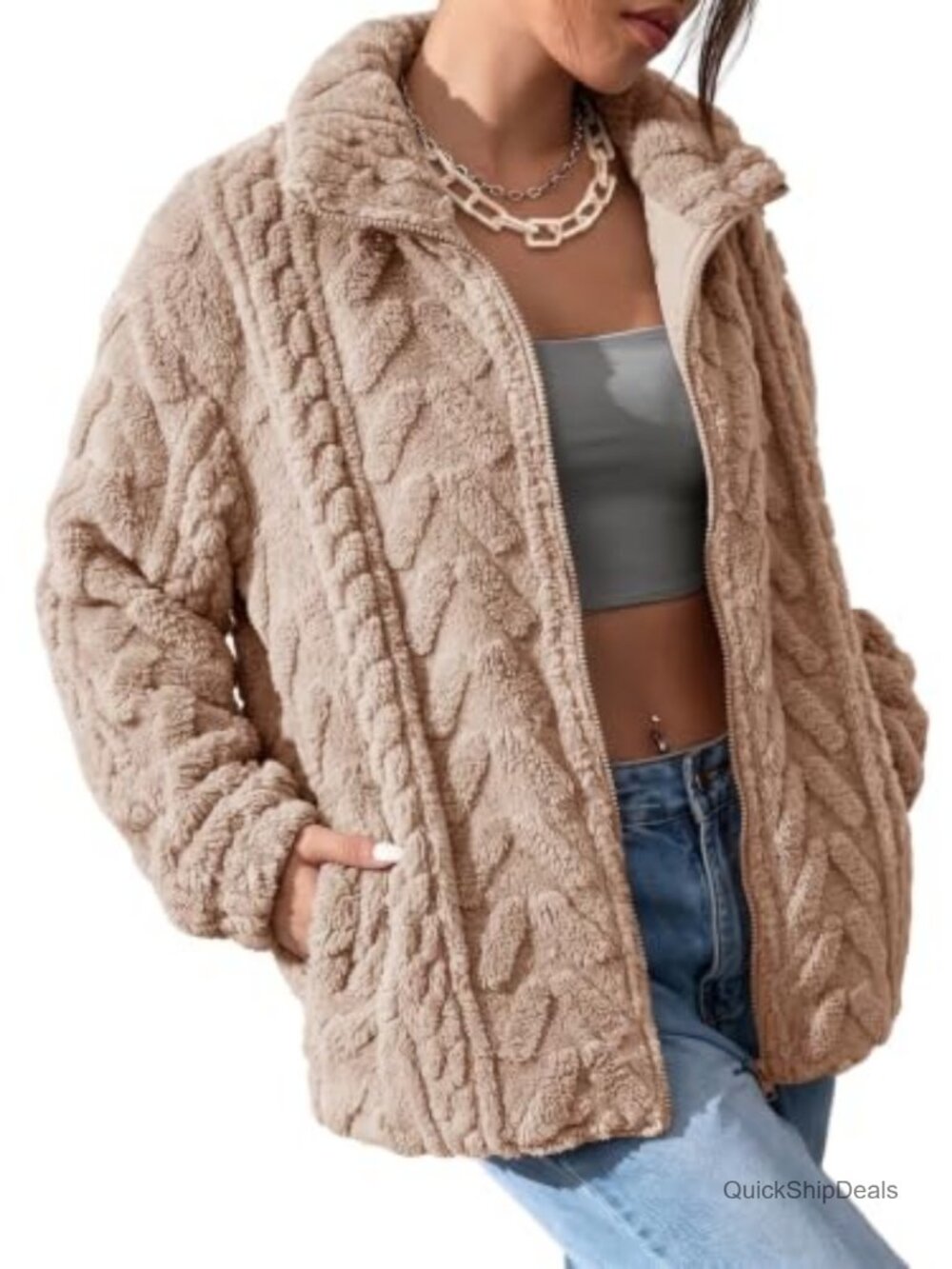 Women's Fleece Zip Up Jacket with Pockets Stand Collar Lightweight